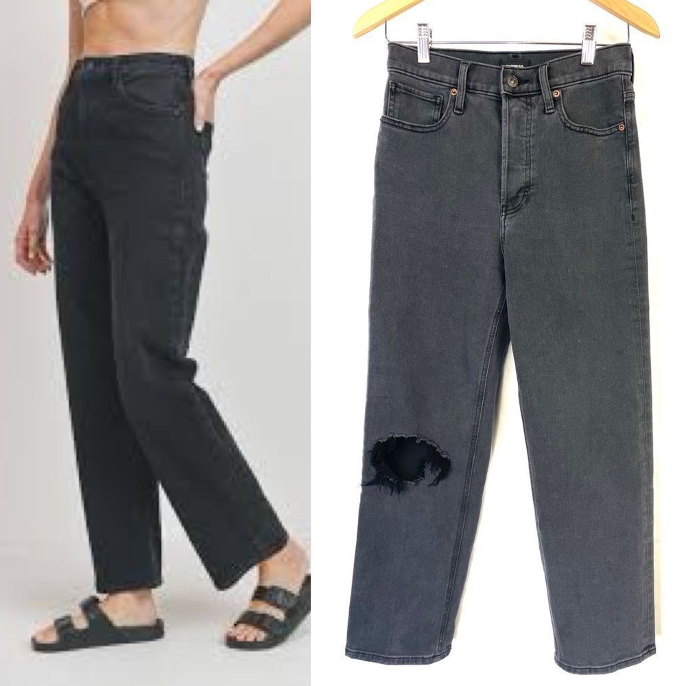 EXPRESS Button Fly Black Dad Jean Distressed Size 2